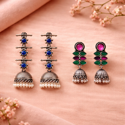 Dazzle Dash Jhumki earring (Multicolored)&Royal Triple Bell Layered Jhumka Earring (Blue) Combo set