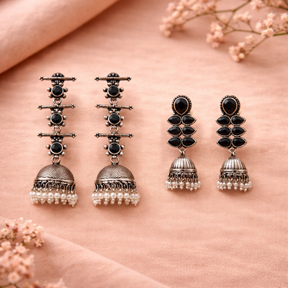 Dazzle Dash Jhumki earring (Black)&Royal Triple Bell Layered Jhumka Earring (Black) Combo set