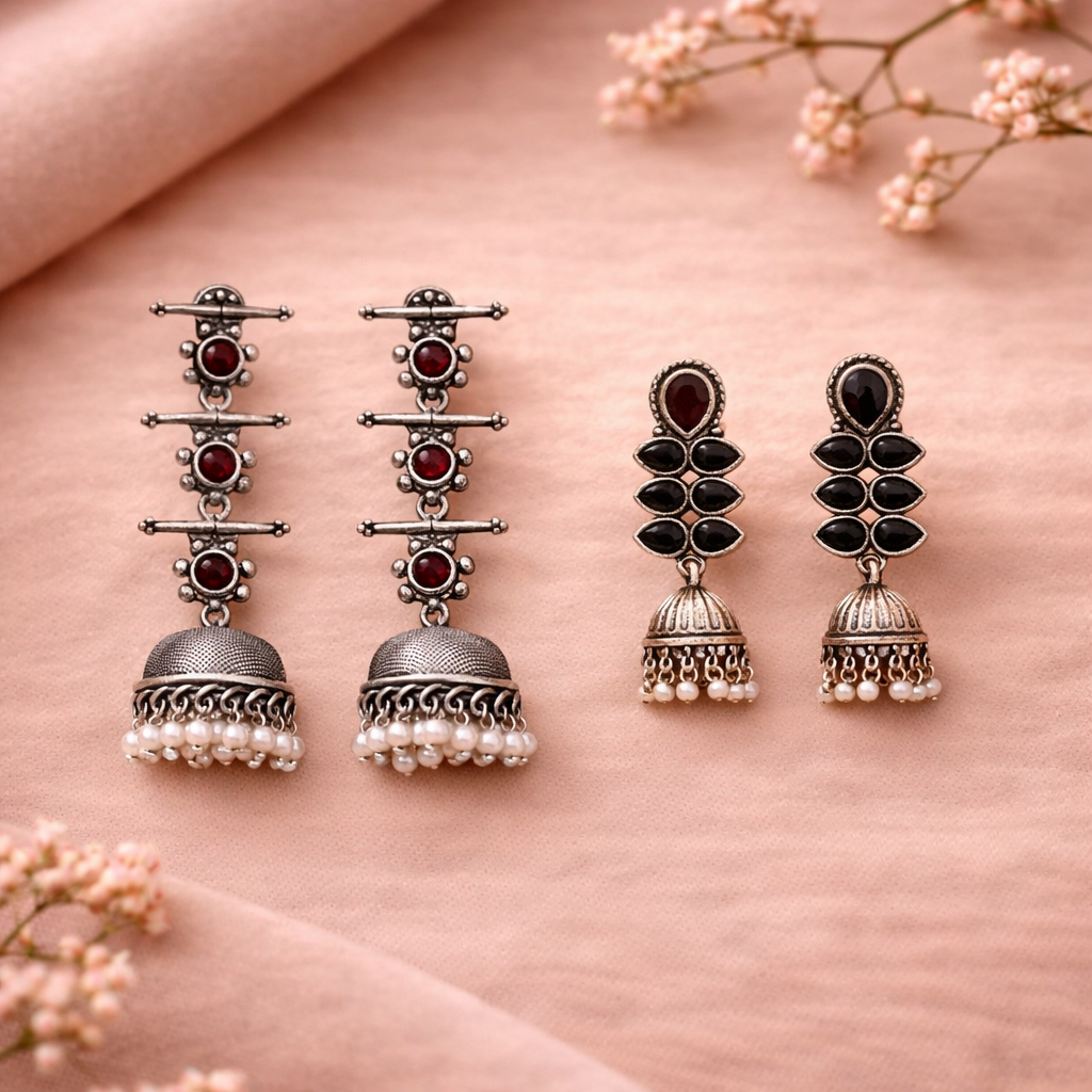 Dazzle Dash Jhumki earring (Black)&Royal Triple Bell Layered Jhumka Earring (Dark Maroon) Combo set