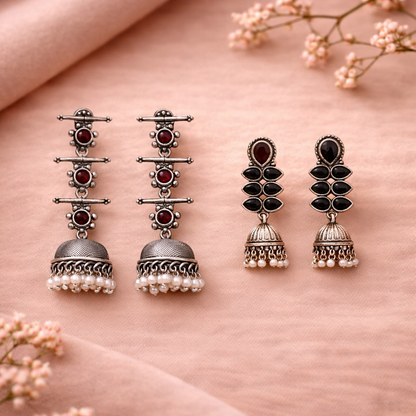 Dazzle Dash Jhumki earring (Black)&Royal Triple Bell Layered Jhumka Earring (Dark Maroon) Combo set