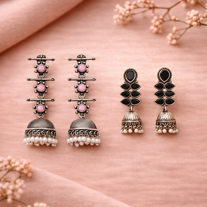 Dazzle Dash Jhumki earring (Black)&Royal Triple Bell Layered Jhumka Earring (Baby Pink) Combo set