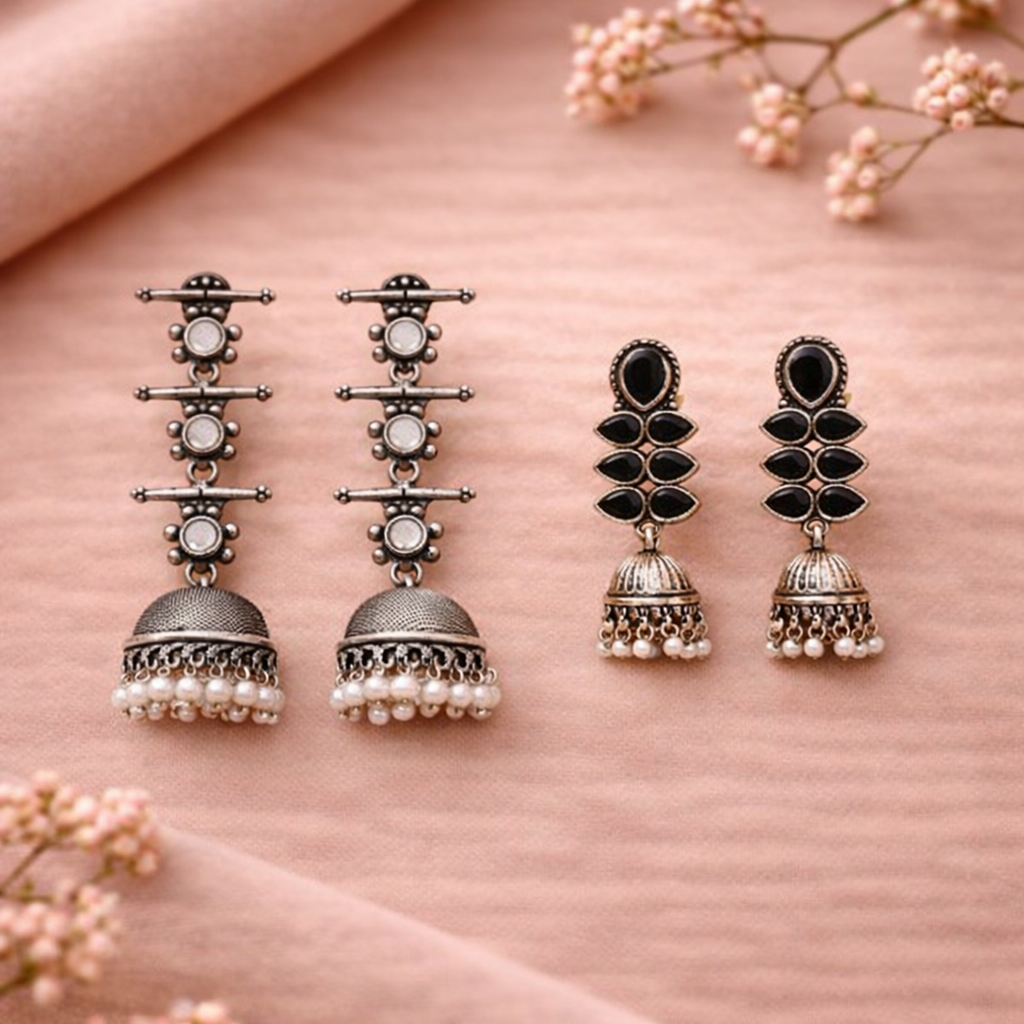 Dazzle Dash Jhumki earring (Black)&Royal Triple Bell Layered Jhumka Earring (White) Combo set