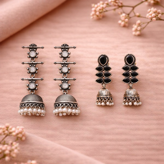 Dazzle Dash Jhumki earring (Black)&Royal Triple Bell Layered Jhumka Earring (White) Combo set