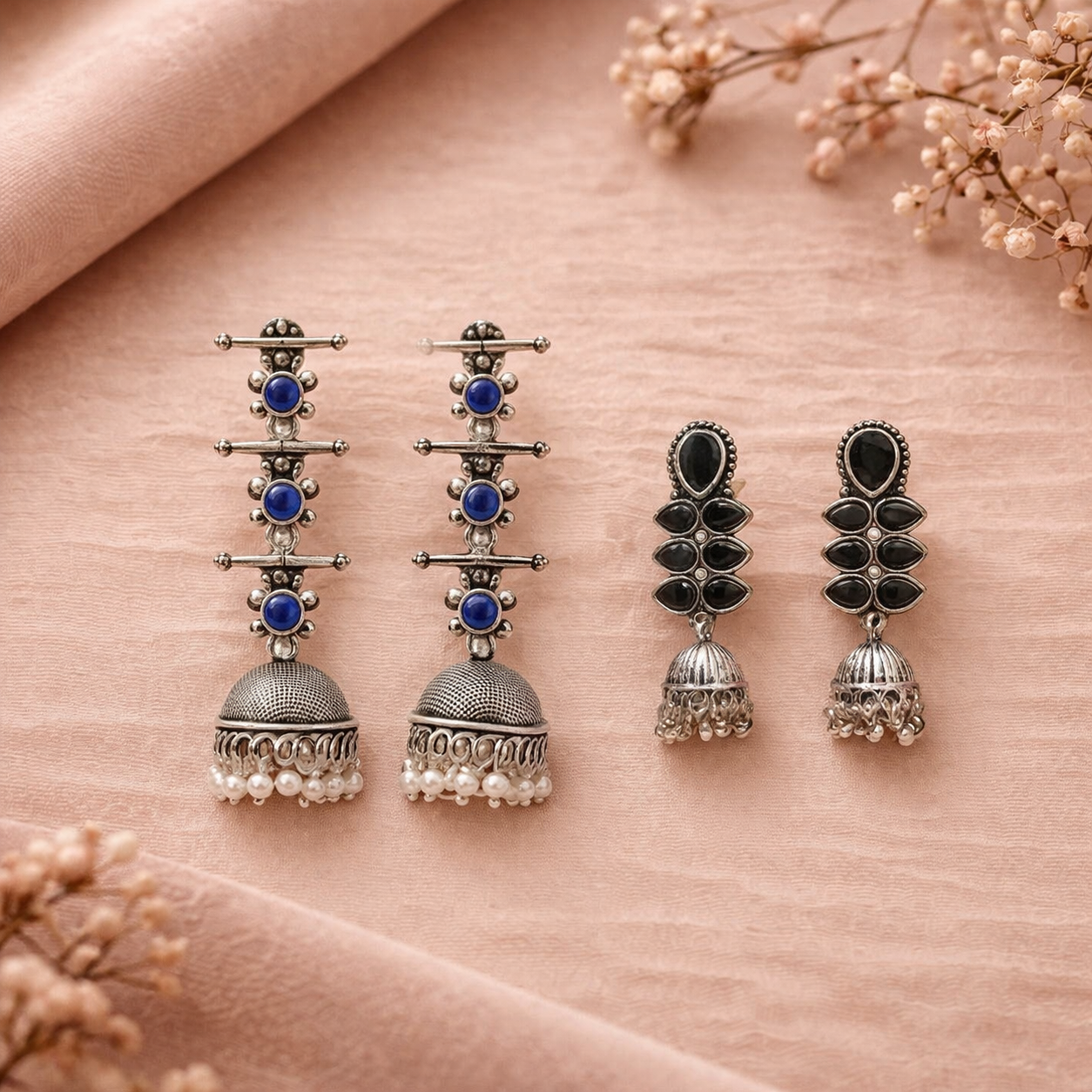 Dazzle Dash Jhumki earring (Black)&Royal Triple Bell Layered Jhumka Earring (Blue) Combo set