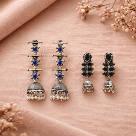 Dazzle Dash Jhumki earring (Black)&Royal Triple Bell Layered Jhumka Earring (Blue) Combo set