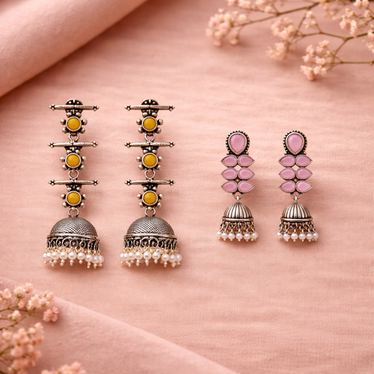 Dazzle Dash Jhumki earring (Baby Pink)&Royal Triple Bell Layered Jhumka Earring (Yellow) Combo set