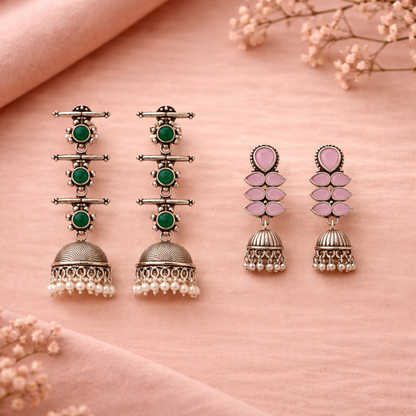 Dazzle Dash Jhumki earring (Baby Pink)&Royal Triple Bell Layered Jhumka Earring (Green) Combo set