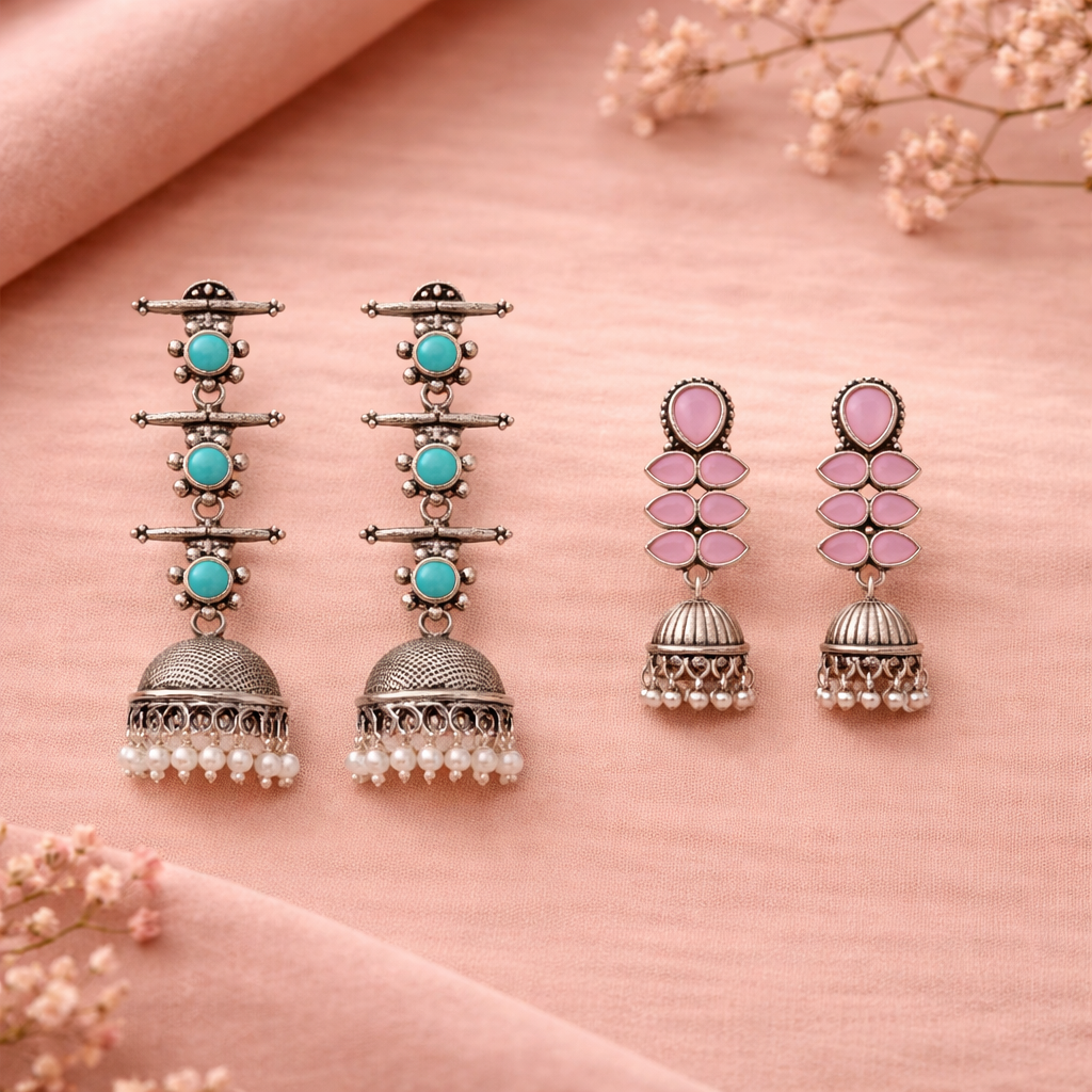 Dazzle Dash Jhumki earring (Baby Pink)&Royal Triple Bell Layered Jhumka Earring (Sky Blue) Combo set