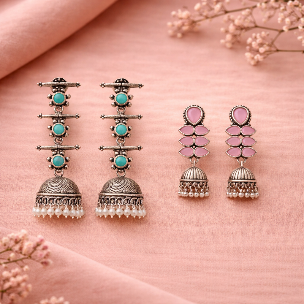 Dazzle Dash Jhumki earring (Baby Pink)&Royal Triple Bell Layered Jhumka Earring (Mint) Combo set