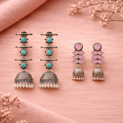 Dazzle Dash Jhumki earring (Baby Pink)&Royal Triple Bell Layered Jhumka Earring (Mint) Combo set