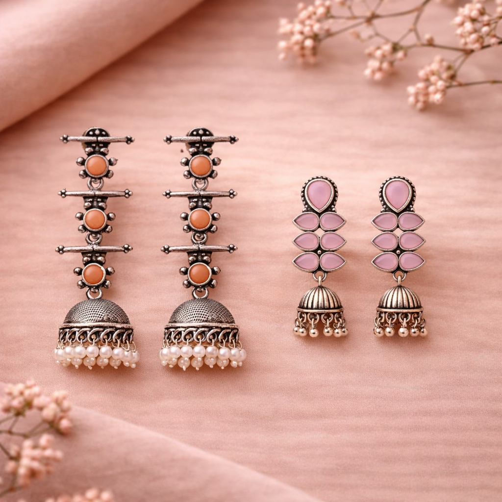 Dazzle Dash Jhumki earring (Baby Pink)&Royal Triple Bell Layered Jhumka Earring (Light Orange) Combo set
