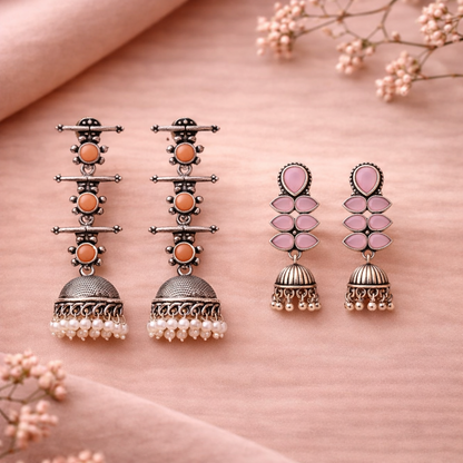 Dazzle Dash Jhumki earring (Baby Pink)&Royal Triple Bell Layered Jhumka Earring (Light Orange) Combo set