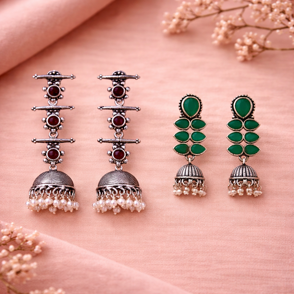Dazzle Dash Jhumki earring (Green)&Royal Triple Bell Layered Jhumka Earring (Dark Maroon) Combo set