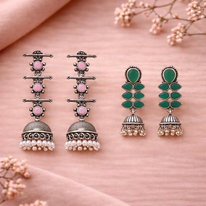 Dazzle Dash Jhumki earring (Green)&Royal Triple Bell Layered Jhumka Earring (Baby Pink) Combo set