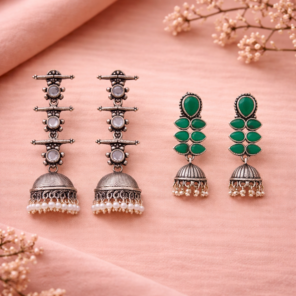 Dazzle Dash Jhumki earring (Green)&Royal Triple Bell Layered Jhumka Earring (White) Combo set