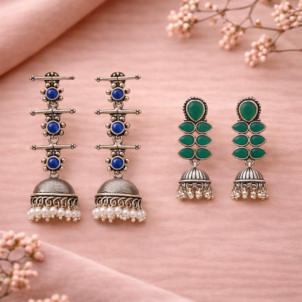 Dazzle Dash Jhumki earring (Green)&Royal Triple Bell Layered Jhumka Earring (Blue) Combo set