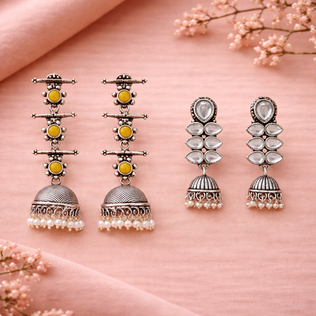Dazzle Dash Jhumki earring (White)&Royal Triple Bell Layered Jhumka Earring (Yellow) Combo set