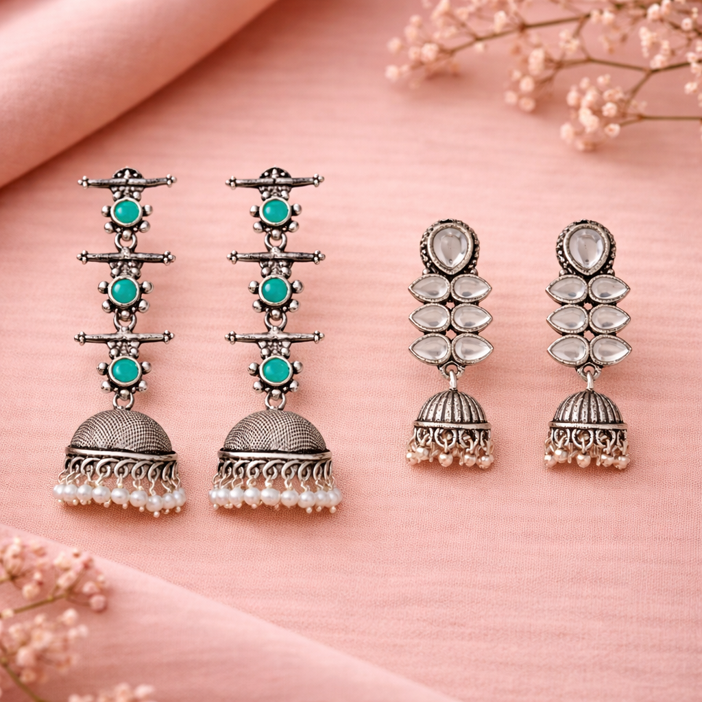 Dazzle Dash Jhumki earring (White)&Royal Triple Bell Layered Jhumka Earring (Green) Combo set