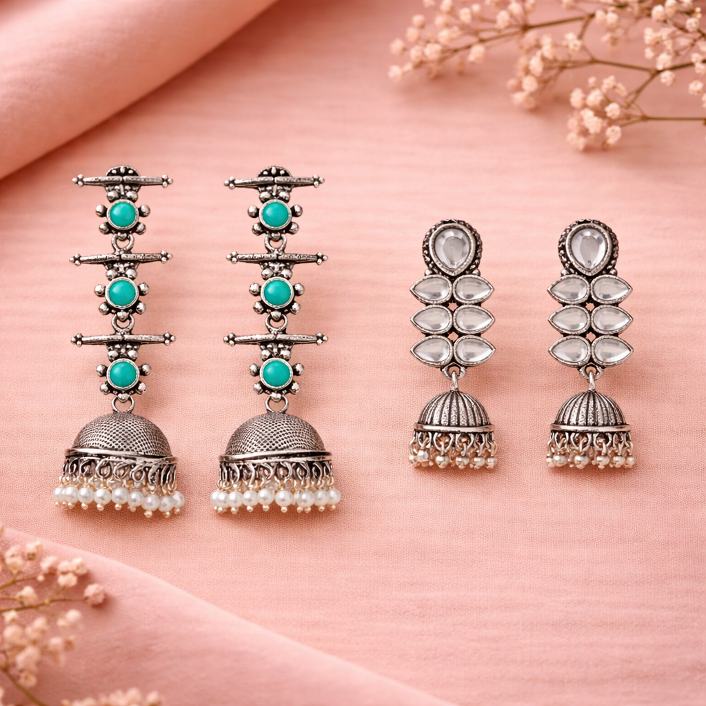 Dazzle Dash Jhumki earring (White)&Royal Triple Bell Layered Jhumka Earring (Sky Blue) Combo set