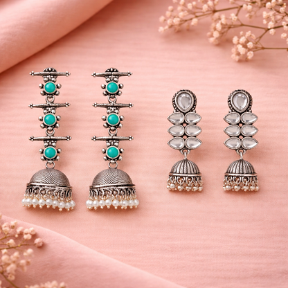 Dazzle Dash Jhumki earring (White)&Royal Triple Bell Layered Jhumka Earring (Sky Blue) Combo set
