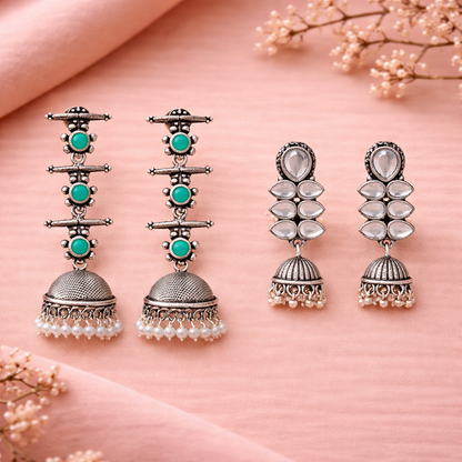 Dazzle Dash Jhumki earring (White)&Royal Triple Bell Layered Jhumka Earring (Mint) Combo set