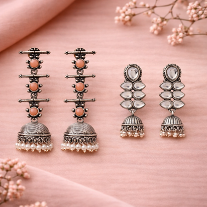 Dazzle Dash Jhumki earring (White)&Royal Triple Bell Layered Jhumka Earring (Light Orange) Combo set
