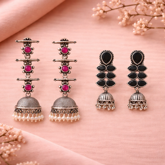 Dazzle Dash Jhumki earring (Black)&Royal Triple Bell Layered Jhumka Earring (Red) Combo set