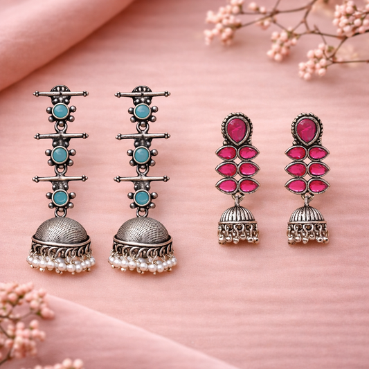 Dazzle Dash Jhumki earring (Red)&Royal Triple Bell Layered Jhumka Earring (Green) Combo set