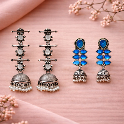 Dazzle Dash Jhumki earring (Blue)&Royal Triple Bell Layered Jhumka Earring (White) Combo set