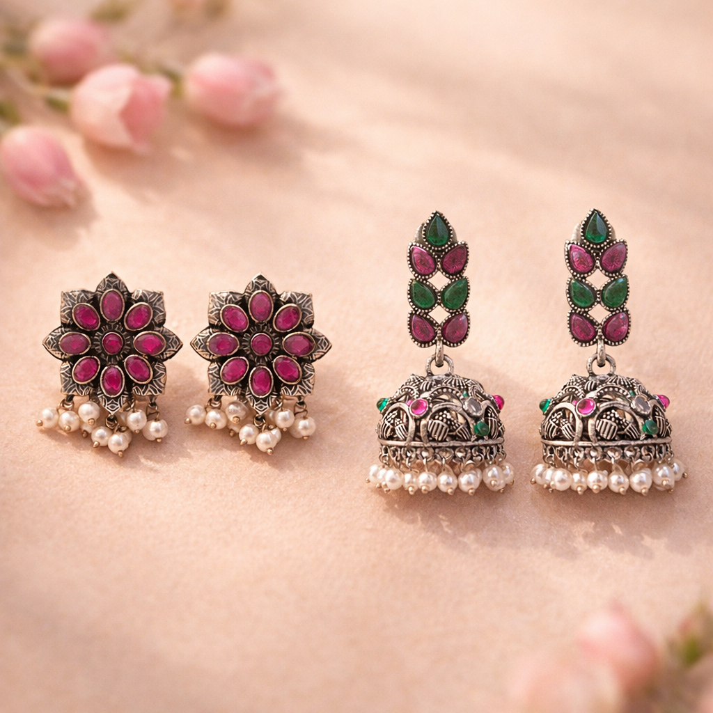 Jugni vibrant stud earrings (Red)&Leaf Cascade jhumki earrings (Multicolored) Combo set