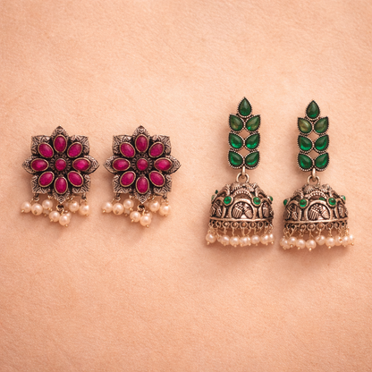 Jugni vibrant stud earrings (Red)&Leaf Cascade jhumki earrings (Green) Combo set