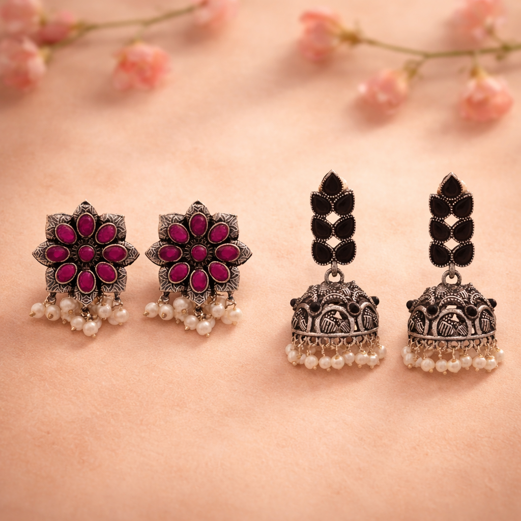 Jugni vibrant stud earrings (Red)&Leaf Cascade jhumki earrings (Black) Combo set