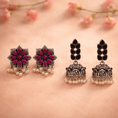 Jugni vibrant stud earrings (Red)&Leaf Cascade jhumki earrings (Black) Combo set