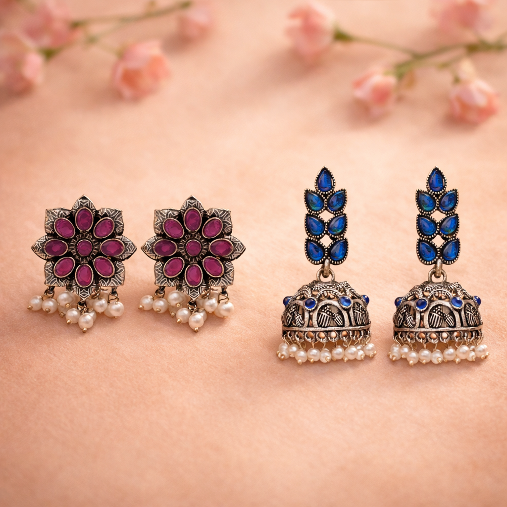 Jugni vibrant stud earrings (Red)&Leaf Cascade jhumki earrings (Blue) Combo set