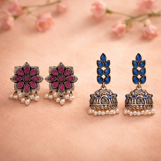 Jugni vibrant stud earrings (Red)&Leaf Cascade jhumki earrings (Blue) Combo set