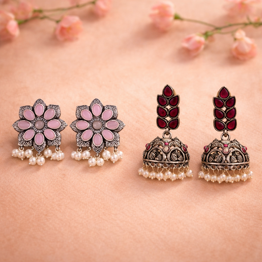Jugni vibrant stud earrings (Baby Pink)&Leaf Cascade jhumki earrings (Red) Combo set