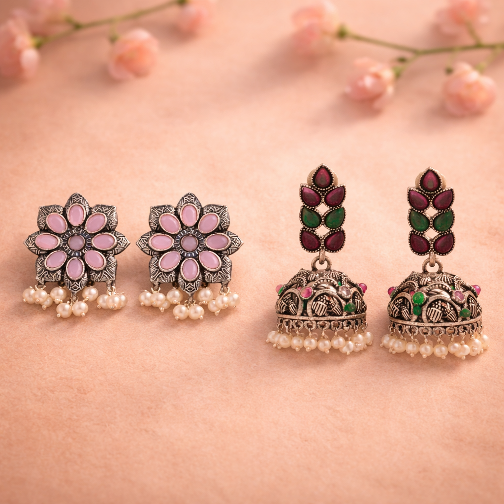Jugni vibrant stud earrings (Baby Pink)&Leaf Cascade jhumki earrings (Multicolored) Combo set