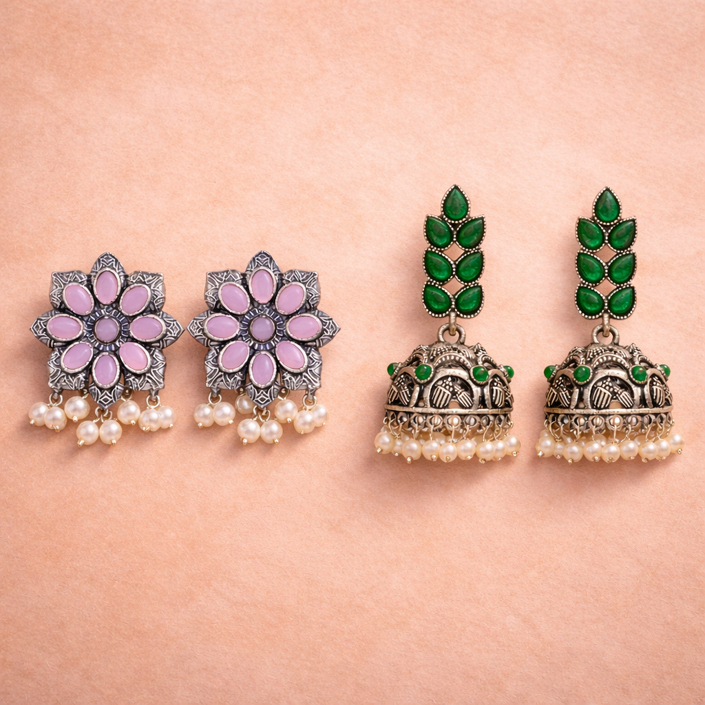 Jugni vibrant stud earrings (Baby Pink)&Leaf Cascade jhumki earrings (Green) Combo set