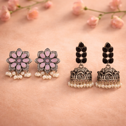 Jugni vibrant stud earrings (Baby Pink)&Leaf Cascade jhumki earrings (Black) Combo set