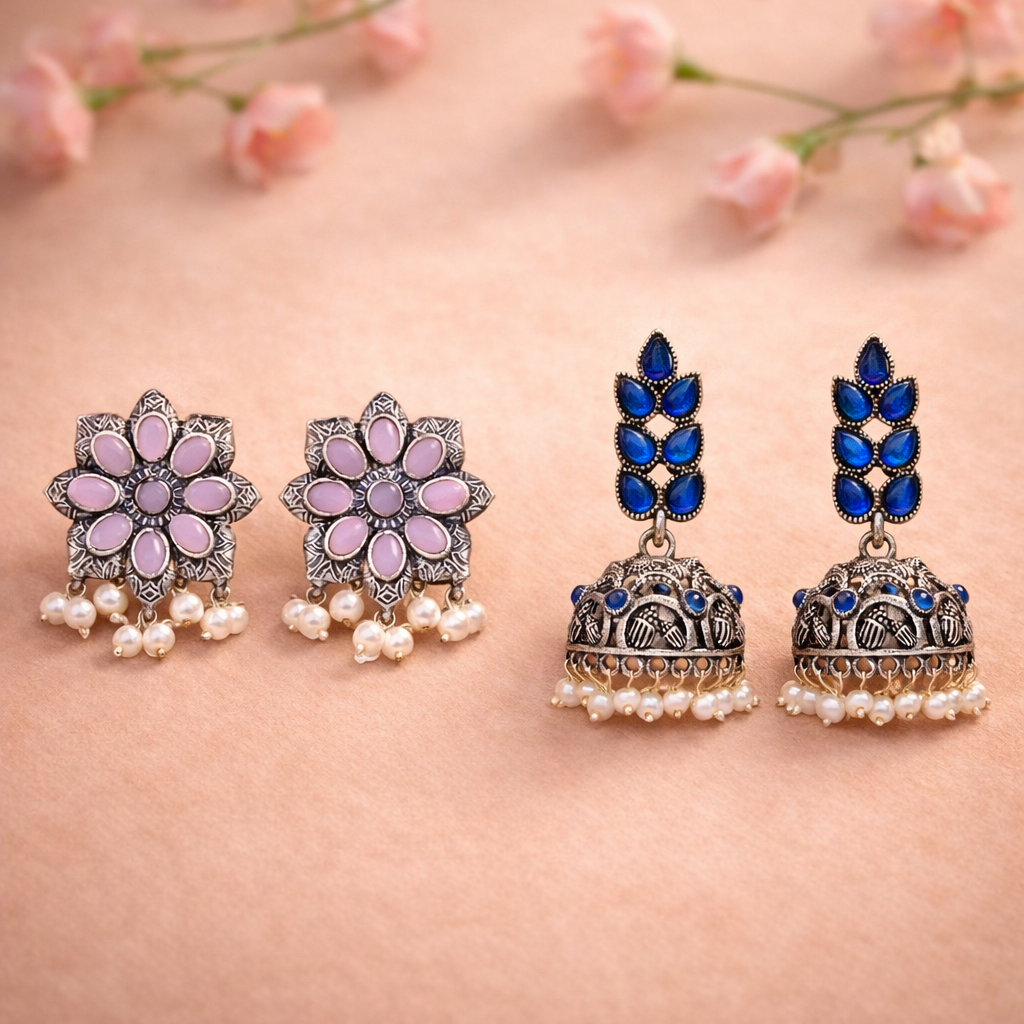 Jugni vibrant stud earrings (Baby Pink)&Leaf Cascade jhumki earrings (Blue) Combo set
