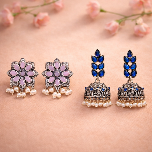 Jugni vibrant stud earrings (Baby Pink)&Leaf Cascade jhumki earrings (Blue) Combo set