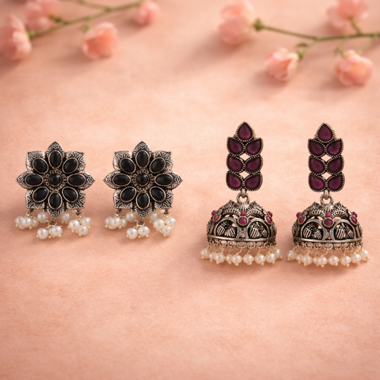 Jugni vibrant stud earrings (Black)&Leaf Cascade jhumki earrings (Red) Combo set