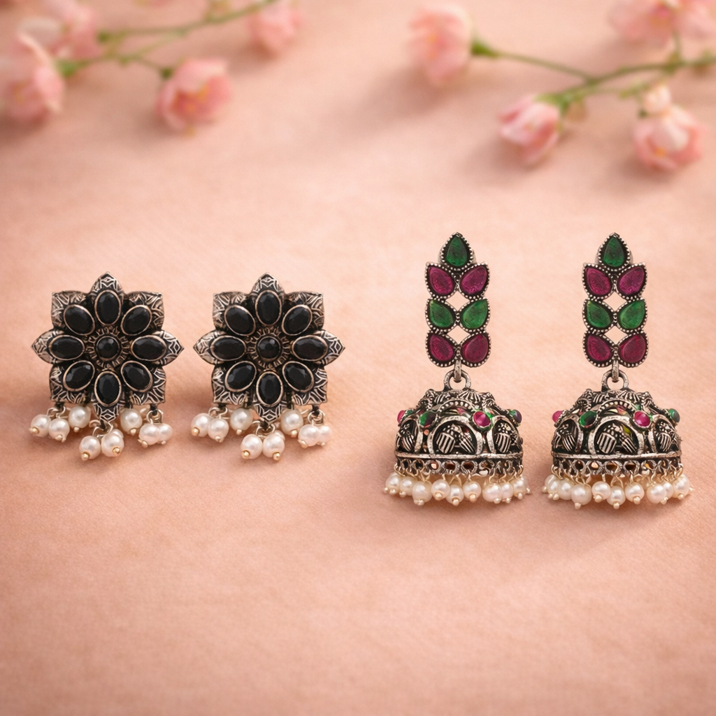 Jugni vibrant stud earrings (Black)&Leaf Cascade jhumki earrings (Multicolored) Combo set