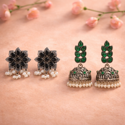 Jugni vibrant stud earrings (Black)&Leaf Cascade jhumki earrings (Green) Combo set
