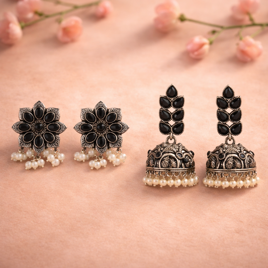 Jugni vibrant stud earrings (Black)&Leaf Cascade jhumki earrings (Black) Combo set