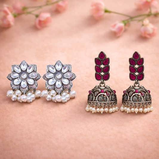 Jugni vibrant stud earrings (White)&Leaf Cascade jhumki earrings (Red) Combo set