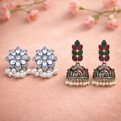 Jugni vibrant stud earrings (White)&Leaf Cascade jhumki earrings (Multicolored) Combo set