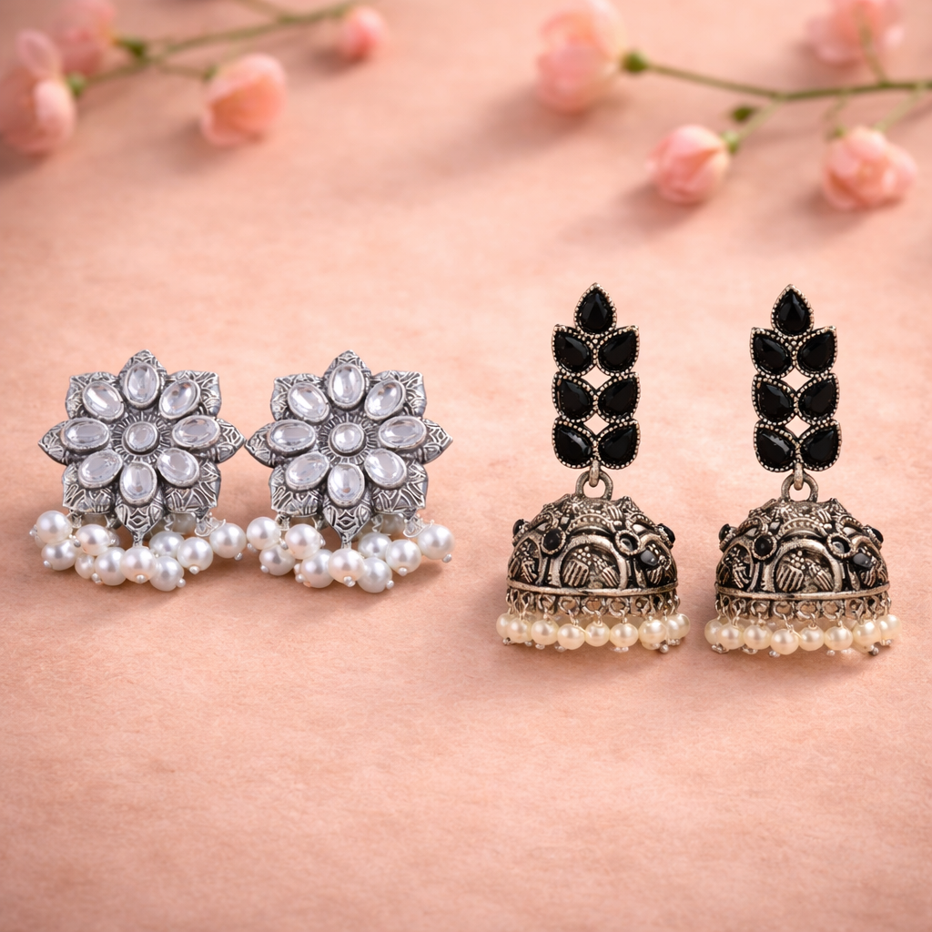 Jugni vibrant stud earrings (White)&Leaf Cascade jhumki earrings (Black) Combo set