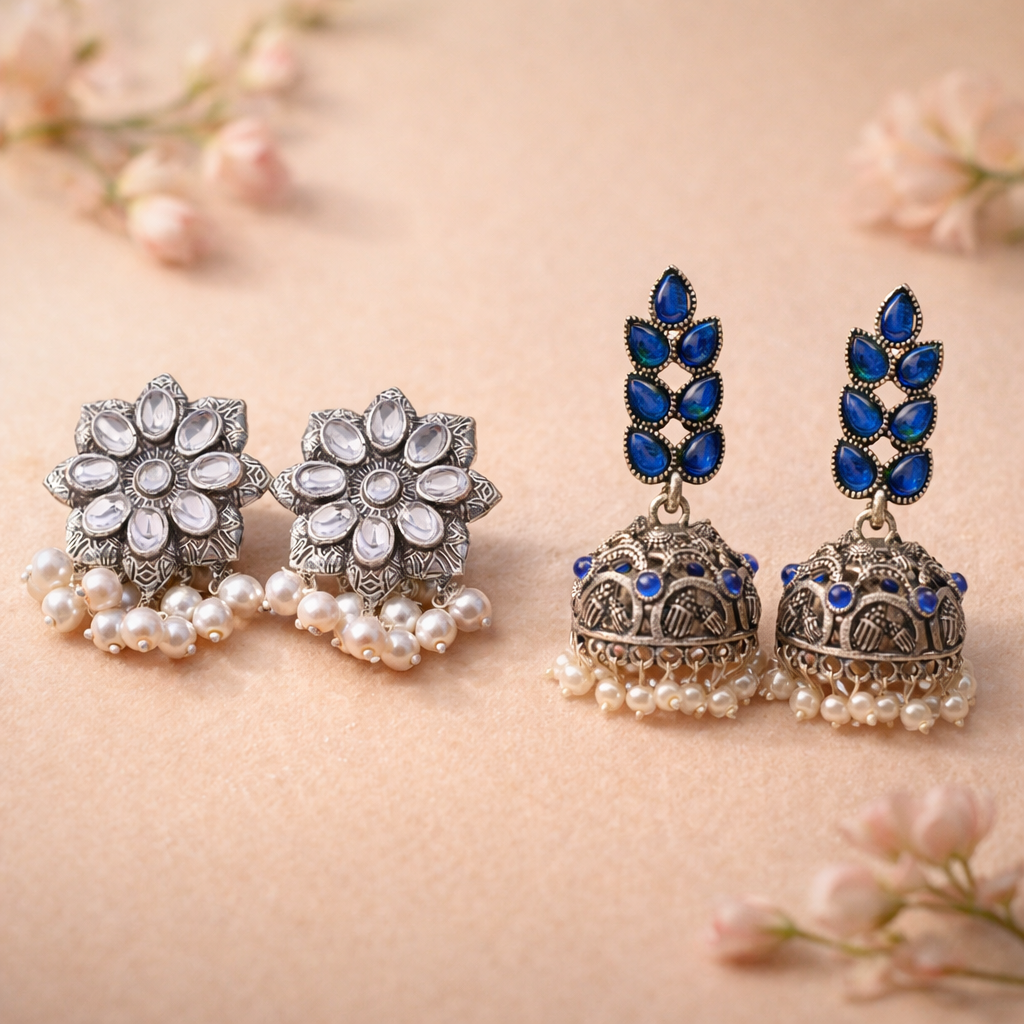 Jugni vibrant stud earrings (White)&Leaf Cascade jhumki earrings (Blue) Combo set
