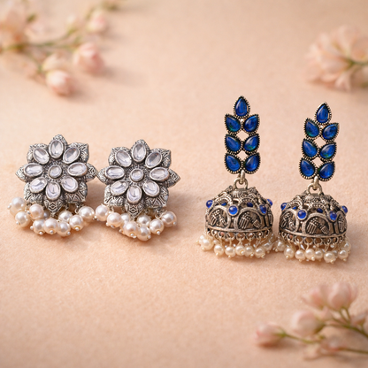 Jugni vibrant stud earrings (White)&Leaf Cascade jhumki earrings (Blue) Combo set